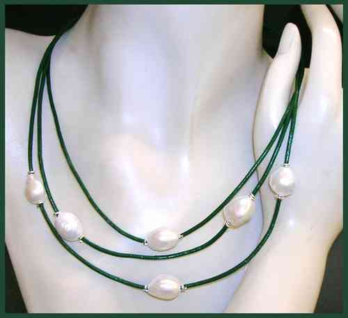 Collar de 6 Perlas Cultivadas Cuero Verde natural y Plata de Ley