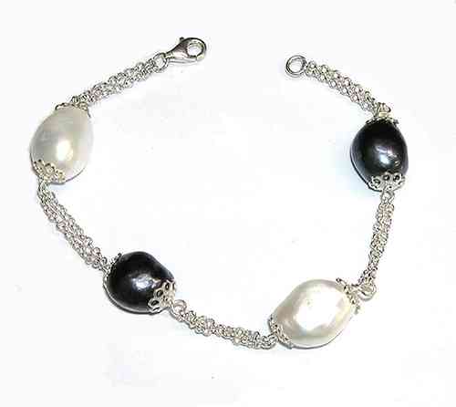 Pulsera de Plata de Ley con 4 Perlas Cultivadas barrocas blancas y grises