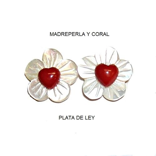 Pendientes Flores de Madreperla y Coral corazón y Plata de Ley