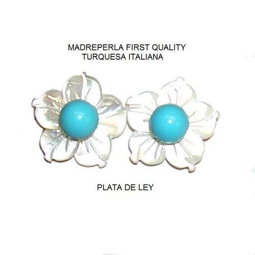 Pendientes Flores Madreperla 1ª Quality y Turquesa Plata 925